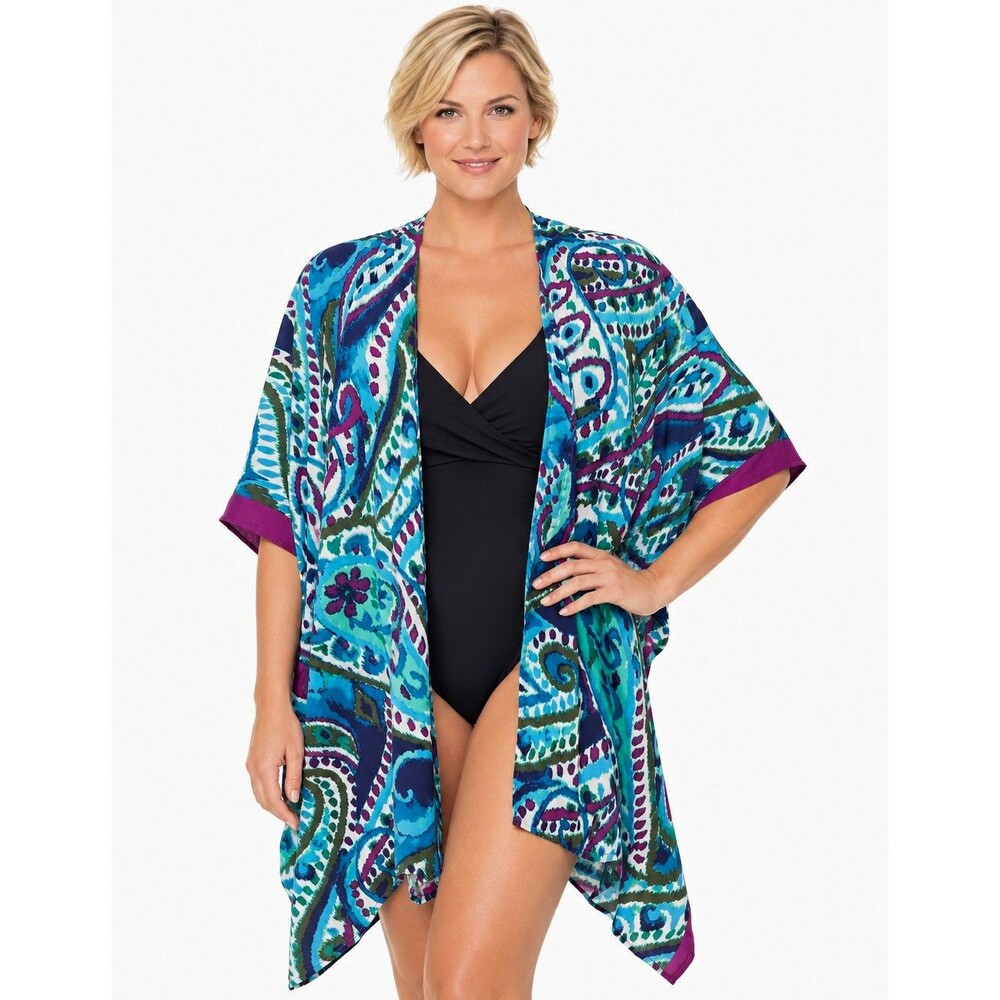 CATHERINES Women's Paisley Kimono Swim Cover Top Teal Purple Plus OS Cruise